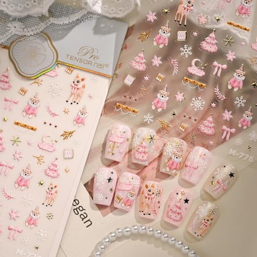 Pink Christmas Nail Art Stickers 5D Embossed Xmas Tree Snowflake Bears Nail Stickers Christmas Reindeer Bow Nail Decals Gold Snowflake Nails Design for Women Winter Holiday Manicure DIY Nail Supplies