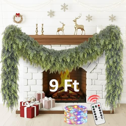 Cedar Christmas Garland with Lights for Mantle - Decorations 9ft Realistic Lighted Faux Pine Garlands for Xmas Home Decoration Indoor Stairs Railing Fireplace Outdoor 9 ft Prelit Garland Door Decor