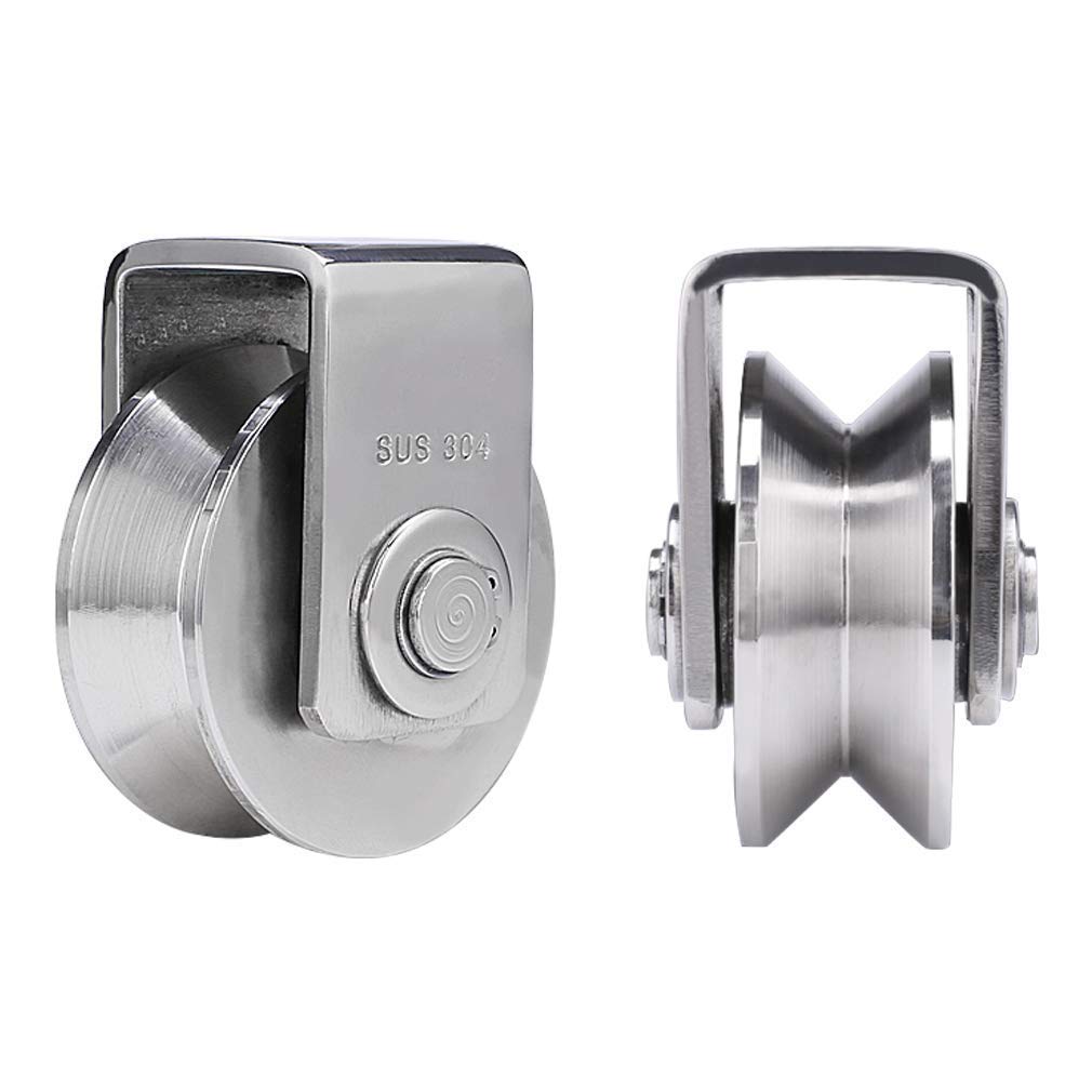 Roue à rainure en V en acier inoxydable 304 robuste avec support pour rail inversé de porte