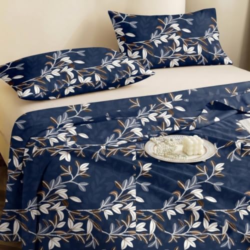 Image of IVAZA 240 TC Soft Ezyption Cotton Floral Print King Size Bedsheet - with 2 Pillow Covers, Hypoallergenic, Brethable, (Size- 90 x 90 Inch) Slate Blue