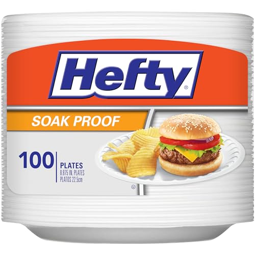 Hefty Everyday Soak Proof Disposable Foam Plates, 8.9 Inches, 100 Count, Disposable White Plates for Lunch, Salads, and Appetizers, Great for Everyday Use, Easy Cleanup