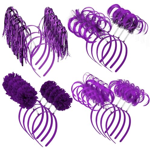 COCIDE 16Pcs Pom Pom Headbands Party Headbands Tinsel Wrapped Ponytails Headbopper Headwear for Birthday Festival (Purple)