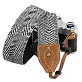 Padwa Lifestyle Black White Twill Camera Strap - 2' Wide Full Grain Crazy Horse Cowhide Leather Head,Universal Pure Cotton Vintage knitted Camera Straps for Men & Women Photographers Gift