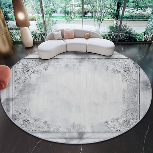 Genérico 90 cm Alfombras Redondas para Sala de Estar, Estilo Chino Antiguo Art Déco Estampada Alfombra Redonda Lavable Gris - Pelo Corto Suave Franela Alfombras para Dormitorio Comedor