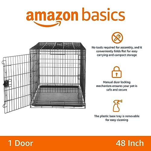 Image of Amazon Basics Portable, Foldable Metal Wire Dog Crate with Removable Tray, Divider Panel, Easy to Assemble, for Large Dogs, 48 x 30 x 32.5 in, Black