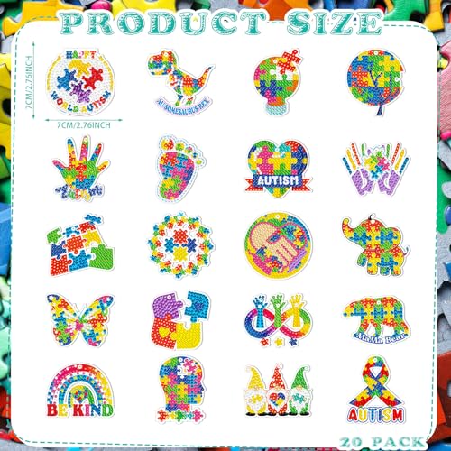 Landical 20 peças de chaveiros de pintura de diamante para conscientização do autismo, quebra-cabeça