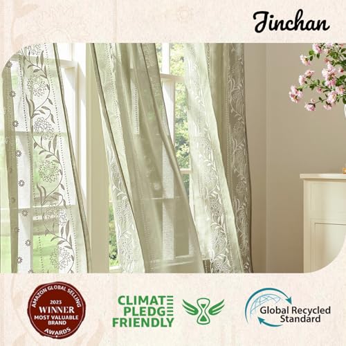 Image of jinchan Winslow Sheer Curtains 63 Inch Length for Bedroom Bordered Floral Pattern Decorations Short Curtains for Windows Light Filtering Window Treatments, 50 inch x 63 inch, Ivory on Sage, 2 Panels
