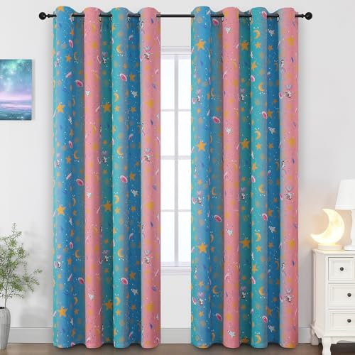 Image of Pink Teal and Blue Unicorn Room Darkening Curtains for Kids Bedroom,52Wx84L