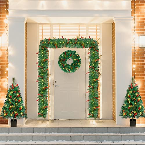 Forup Pre-Lit Christmas Decoration 4-Piece Set, Christmas Fireplace Decorations, Front Porch Christmas Decorations, Artificial Christmas Garland, Wreath And Set Of 2 Entrance Trees With Lights #TOP5