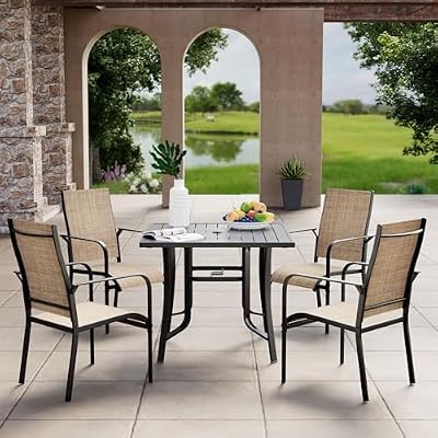 5 Pieces Patio Dining Table Set, Outdoor Table and Chairs Set for 4, Patio Table with Umbrella Hole, Square Metal Dining Table with 4 Textilene Dining Chairs for Garden Deck Backyard Balcony Porch