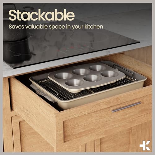 Bakken 8-Piece Ceramic Coated Bakeware Sets, Nonstick Aluminized Steel Pans with Muffin, Loaf, Cake, Roasting Pan, & Cooling Rack, Oven Safe Up To 500°F, Dishwasher Safe, BPA, PTFE & PFAS Free, Cream - Image 6