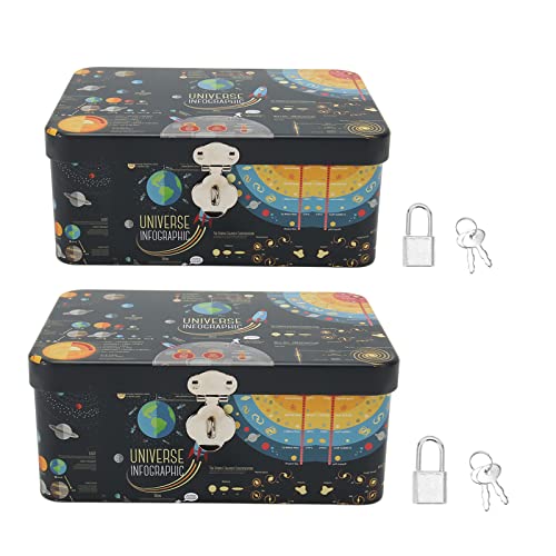 Yuecoom 2Pcs Tinplate Storage Box Universe Infographic Cartoon Rectangular Tin Box with Locks Keys for Family Office