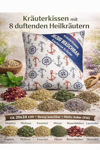 VITASIMPLEX Kräuterkissen mit 8 verschiedenen Heilkräutern wie Hopfen, Melisse, Fenchel, Minze, Rosenblütenblätter, Lavendel, Ysop, Quendel, Bezug waschbar, Motiv 936 (Anker) ca. 20x24 cm