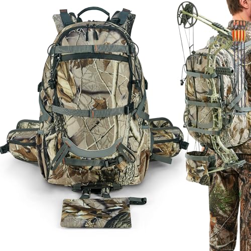 NEW VIEW Camo Hunting Backpack for Men, 35L Durable Hunting Pack for Bow Rifle Gun, 600D Daypack with Rain Cover, Interal Frame Supporte