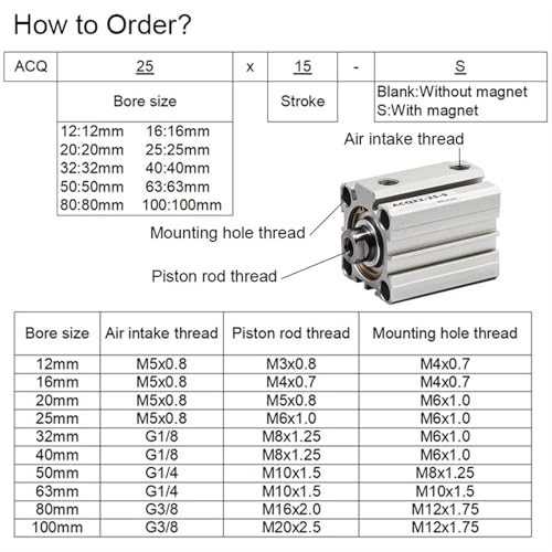 Vérin pneumatique compact ACQ80 double effet course 40mm avec aimant