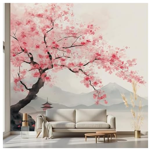 Kioldoq Kirschblüten Blumenmuster Tapete 400 x 280 cm, Japanischer Stil Selbstklebende Tapete, Tintenmalerei Blüten Fototapete Wand 3d Effekt Dekoration, Motivtapeten Schlafzimmer Wohnzimmer