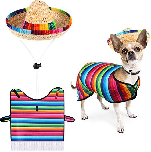 Dog Sombrero Hat Pet Serape Poncho Costume Multicolor Funny Dog Costume Adjustable Sombrero Costume Mexican Dog Poncho Straw Hat Chihuahua Clothes for Mexican Party Decorations (S)