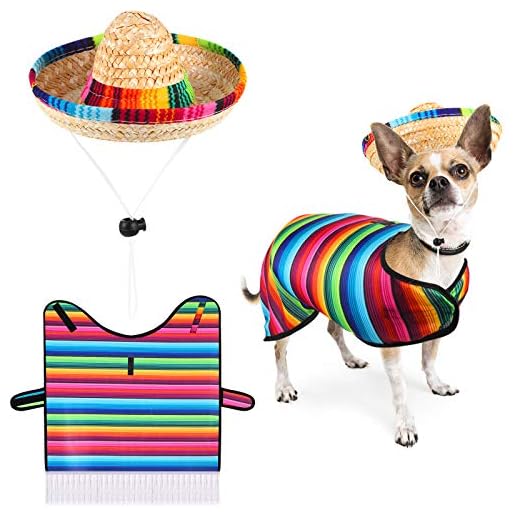 Dog Sombrero Hat Pet Serape Poncho Costume Multicolor Funny Dog Costume Adjustable Sombrero Costume Mexican Dog Poncho Straw Hat Chihuahua Clothes for Mexican Party Decorations (S)