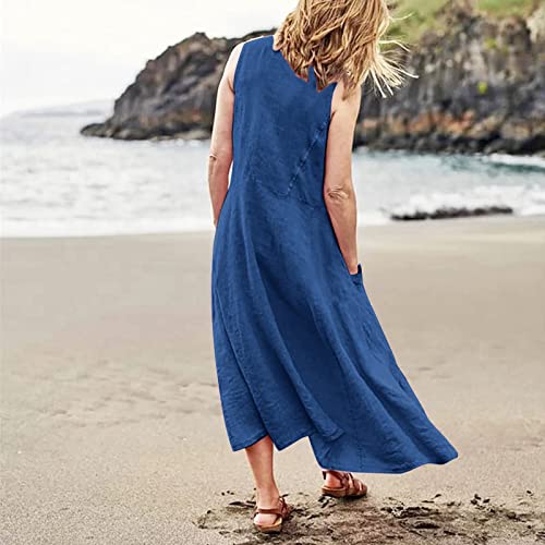 Plus Size Cotton Linen Summer Dresses for Curvy Women 2025 Sleeveless Maxi Vacation Beach Sundresses with Pockets