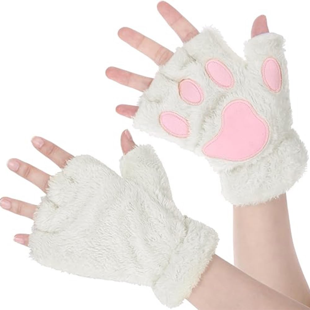 Cute Cat Paw Gloves Winter Soft Warm Fingerless Cosplay Faux Fur Plush Glove Kawaii Mitten for Women Girls