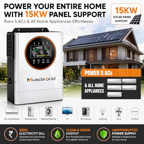 Image of MuscleGrid 12kW Hybrid Solar Inverter for Home Mainline | Supports up to 15kW Solar Panels | Runs 5 ACS + Full House Load | Pure Sine Wave | Inbuilt WiFi Monitoring | Big LCD Display