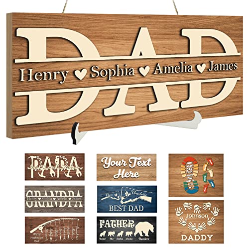 Yananka Custom Wood Sign for Dad Father's Day Gifts Personalized Wooden Dad Sign Customized with Kids Names Texts for Wall Home Desk Decor