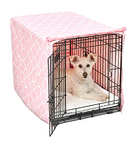 New World Medium Dog Crate Cover Featuring Teflon Fabric Protector, Poly-Cotton Privacy Kennel Cover Fits Most 76cm Crates, Pink Designer Print, Machine Washable, Reduces Barking