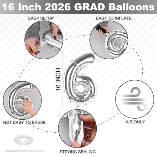 Image of Silver 2026 GRAD Foil Balloons, 16 Inch Metallic Silver Grad Congrats Balloons Banner for Graduation Decorations 2026, College High School Class of 2026 Graduate Congratulations Party Decor Supplies