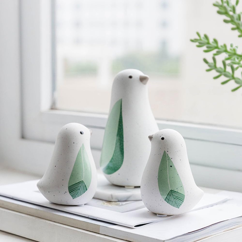 3pcs Bird Statues, Ceramic Green Leaf Wings Bird Figurines for Mid-Century Home Decor, Art Crafted Animal Sculptures for Living Room, Bedroom, Bookshelf, Desk Decor