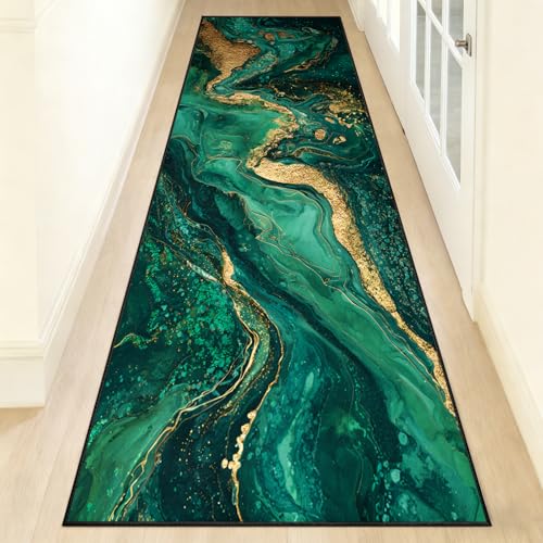 Emerald Green Marble Runner Rugs 2x7ft, Green Gold Marble Rug for Entryway, Abstract Art Runner Washable Low Pile Carpet Runners for Hallway Kitchen Entryway