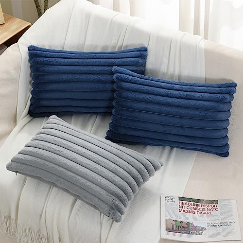 Image of Pallene Faux Fur Plush Lumbar Throw Pillow Covers 12x20 Set of 2, Luxury Soft Fluffy Striped Decorative Pillow Covers for Sofa, Couch, Living Room, Navy Blue