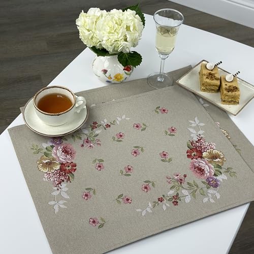 GOBEMÓN Manteles Individuales/Salvamanteles de Gobelino/Jacquard (Flores en Fondo Pistacho, 40 x 50 cm) Pack de 2
