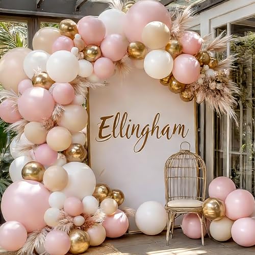 Pink Gold White Balloon Arch Kit - 144 PCs Pastel Light Pink and Beige Sand White Gold Chrome Balloons for Girls Women Birthday Bridal Shower Engagement Wedding Party Decorations