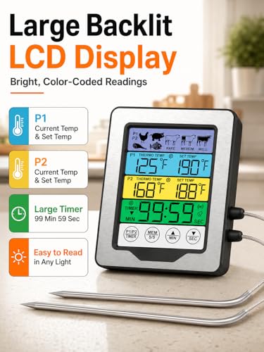 Termómetro cocina digital para evitar comida cruda con doble sonda táctil 3