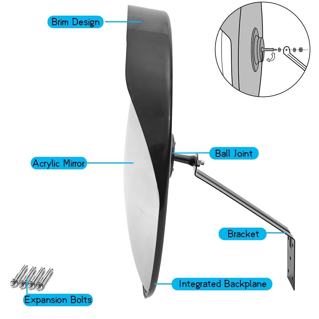 Safety Convex Mirror, Acrylic Curved Traffic Mirror, Adjustable Bracket for Outdoor Indoor, Wide Angle Clear View (Size: 24")