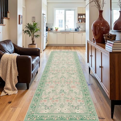 Rugxara 2x6 Floral Runner Rug, Washable Runners for Hallways, Green