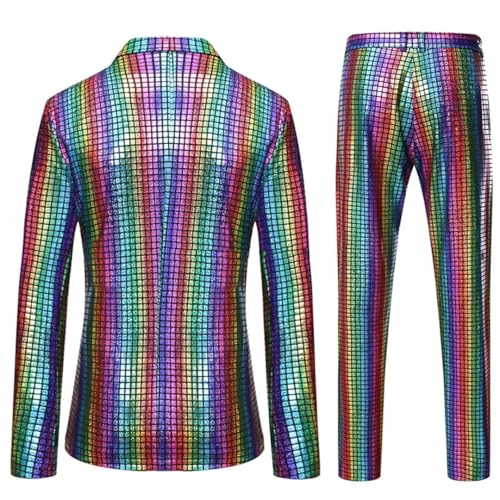 Mens Stage Prom Suits Plaid Sequin Jacket Pants 7