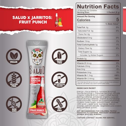 Image of Salud x Jarritos 2-in-1 Energy Drink Powder + Focus, Fruit Punch, Organic Caffeine, B6 + B12, Theanine, Clean Energy Drink Packets, Agua Fresca Mix, Non-GMO, Gluten Free, 1g of Sugar, (15 Servings)
