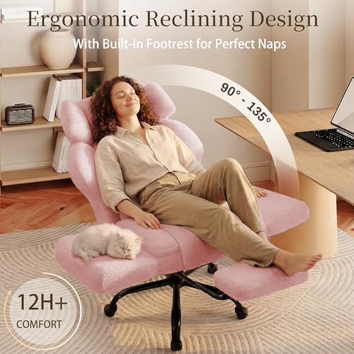 Image of Office Chair with Flip Armrests,Big and Tall Office Chair with Foot Rest,Extra Wide Seat & Lumbar Pillow,Comfy Criss Cross Chair for Pets Sitting,Ergonomic Computer Gaming Chair,Teddy Fleece,Pink