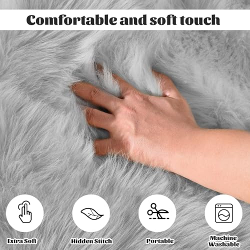 Faux Lammfell Schaffell Teppich 60 x 90 cm, Lammfellimitat Teppich Flauschiger Weicher Fell Teppiche Longhair Fell Lammfellimitat Carpet für Stühle Sofa Schlafzimmer Kinderzimmer (Grau, Rechteckig)