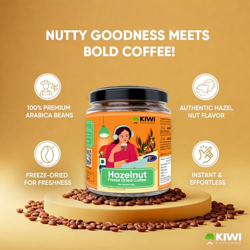 Image of KIWI Kisan Window Hazelnut Freeze Dried Coffee-50g | 100% Arabica Instant Coffee | Rich & Intense Hazelnut Flavoured Coffee | Premium Coffee Beans With Cafe-Quality Taste - 50g