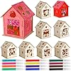 Wenqik 9 pcs valentine s day craft diy wood house for kids valentine wooden house with colors markers 12 colors valentines day diy graffiti crafts for kids adults beginners gift art paint party  urban country home decor