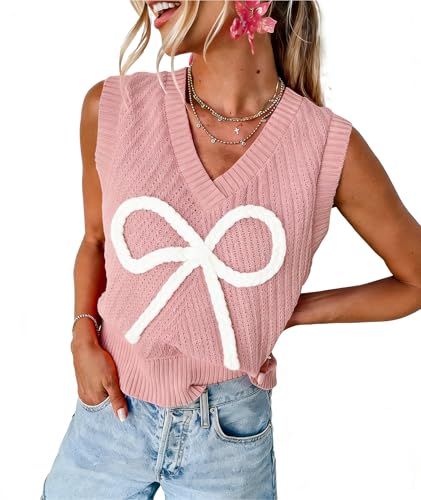 Image of MARZXIN Women Sleeveless Sweater V Neck Casual 2026 Fall Knitted Chevron V Neck Sweater Vest Color Block Pullover Sweater Top