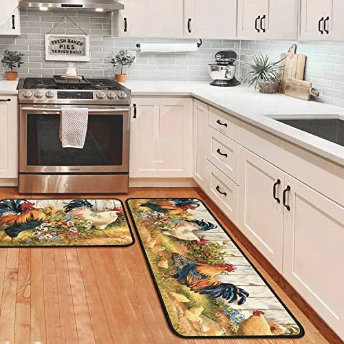 OUXIOAZ Rooster Kitchen Rugs and Mats Non Skid Washable Absorbent Microfiber Kitchen Mat for Floor ,Anti Fatigue, Set of 2 Rooster Kitchen Decor Stain Resistant 17inx47.2in+17inx30in