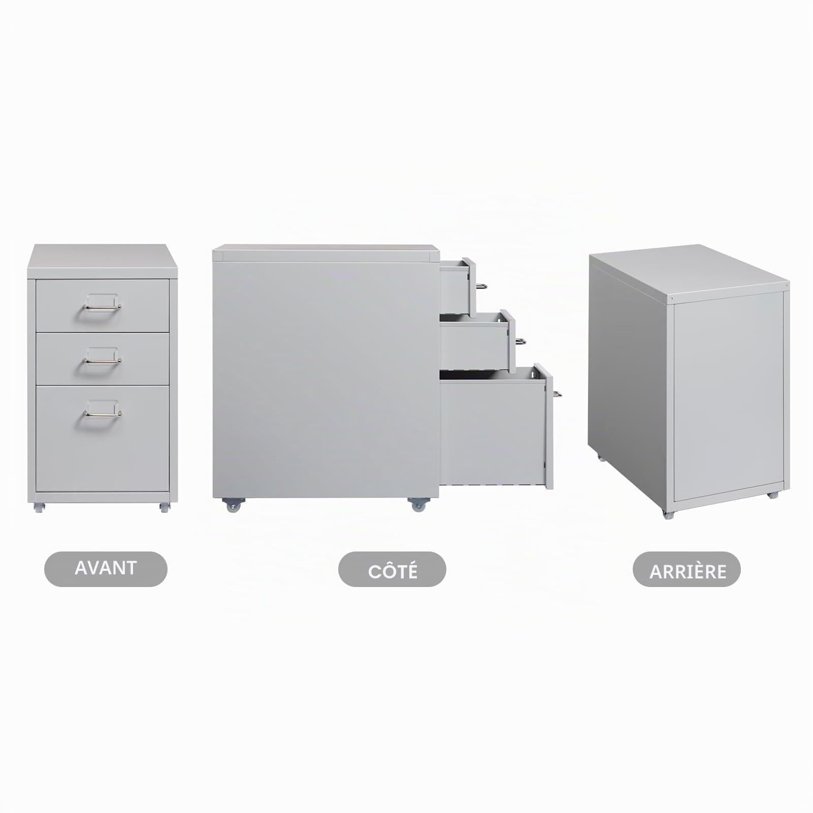 HollyHOME Armoire de classement mobile à 3 tiroirs, armoire de classement, organisateur de classement sous bureau avec roulettes, armoire de rangement en métal à roulettes pour la maison et le bureau