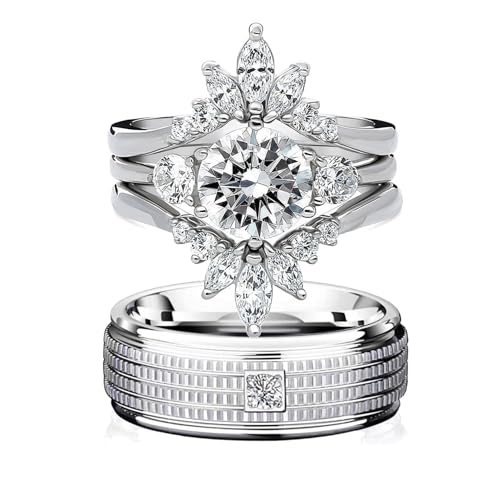 wedding ring set His Hers Couples Matching Rings 3PC Women's 10k White Gold Plated Moissanite Wedding Engagement Ring Bridal Sets & Men's Titanium Wedding Band