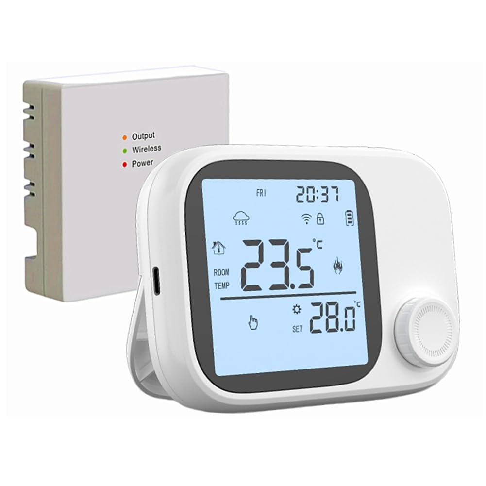 RF433 - Termostato wireless per caldaia con WiFi e controllo della temperatura programmabile, per casa intelligente Tuya, lungo raggio di 300 m, ricaricabile tramite USB, per riscaldamento a