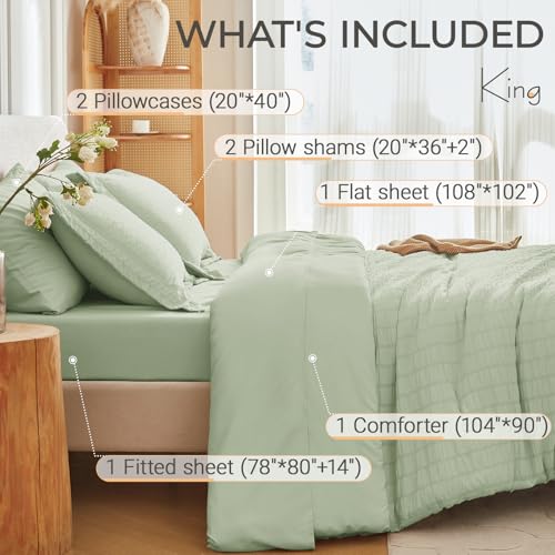 Image of MUXHOMO 7 Pieces King Comforter Set, Seersucker Bed in a Bag King Size, All Season Luxury Bedding Set with Comforter, Flat Sheet, Fitted Sheet, Pillowcases & Shams, Light Green