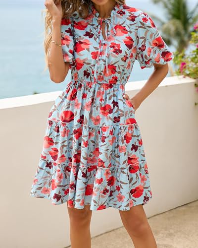 Image of BTFBM Women Summer Floral Short Dresses V Neck Short Sleeve Tiered Ruffle Boho Swing Dress A-Line Mini Dresses
