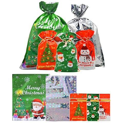 FONBAY 22 PCS Christmas Gift Bags Drawstring Christmas Bags in 5 Design and 3 Size Christmas Wrapping Bags With Drawstring for Xmas Party Presents Cover